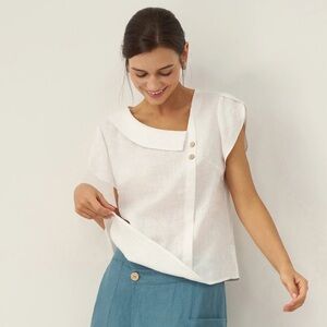 NWT Lintico white linen top crescent collar short sleeve button xl French Fara